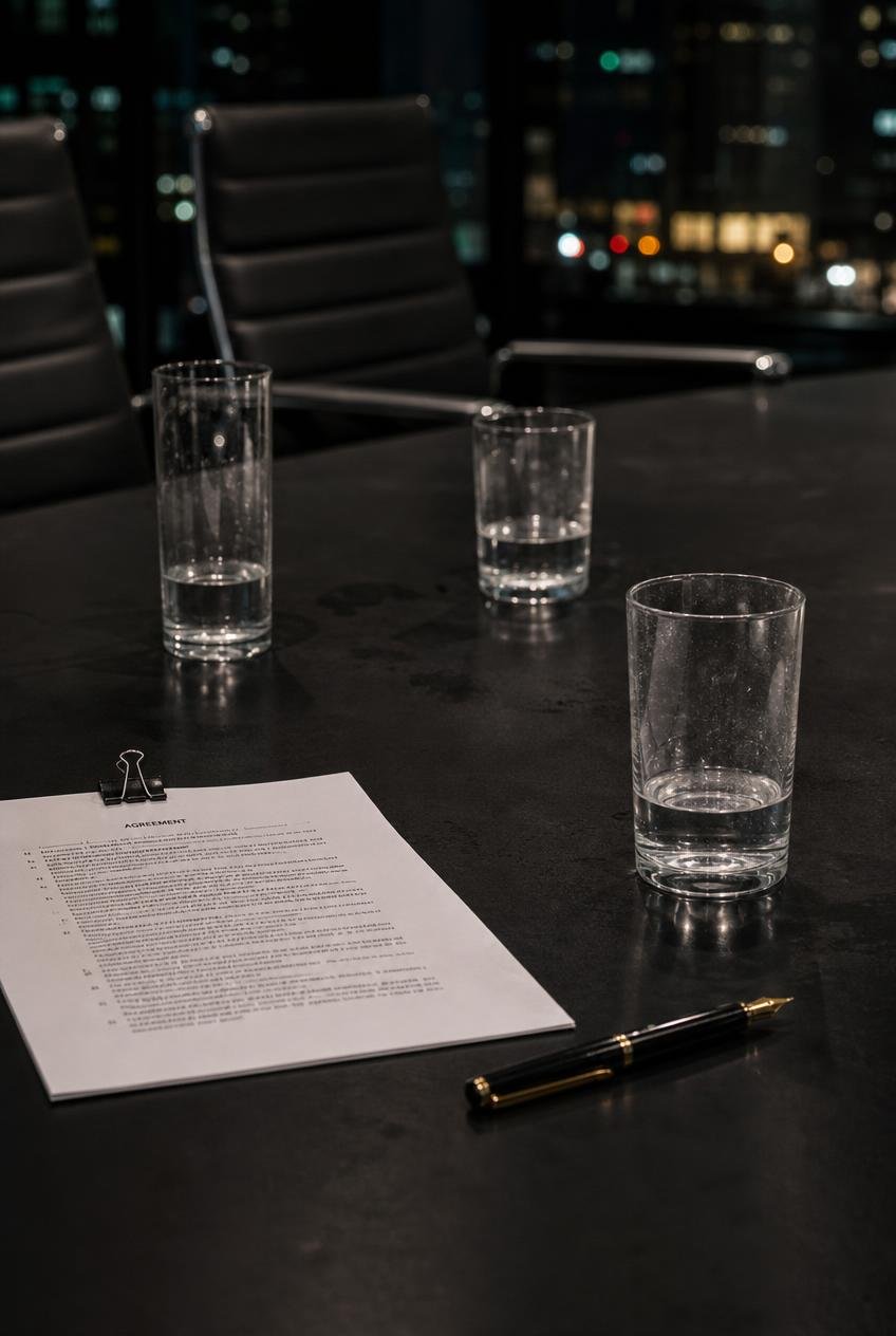 Sala de reuniões corporativa com contrato sobre a mesa