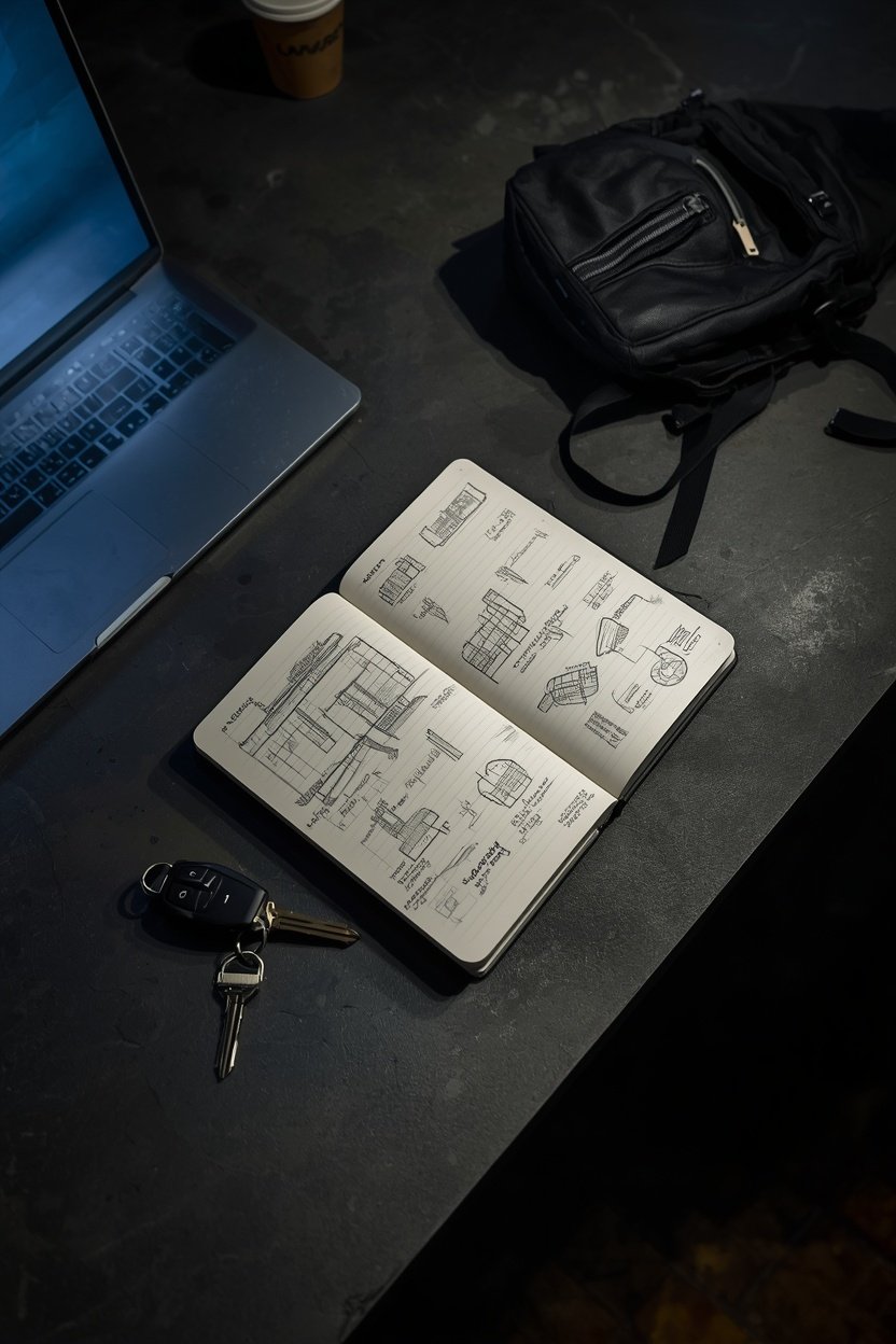 Caderno de esboços e portátil na secretária de um empreendedor