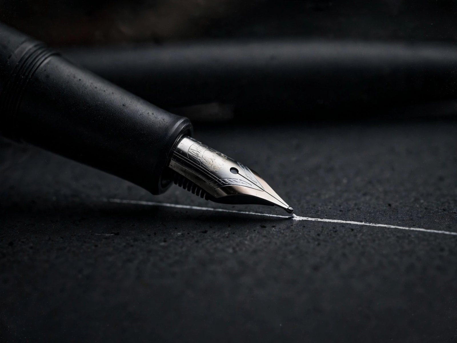 Caneta tinteiro preta a desenhar uma linha branca sobre papel preto texturizado
